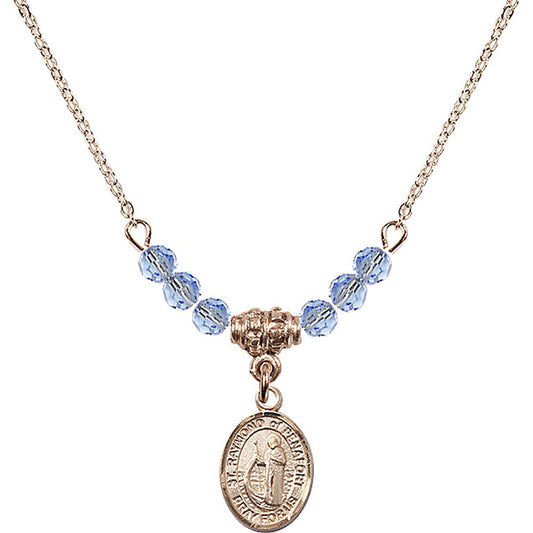 14kt Gold Filled Saint Raymond of Penafort Birthstone Necklace with Light Sapphire Beads - 9385