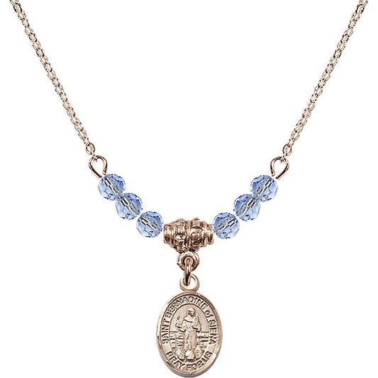 14kt Gold Filled Saint Bernadine of Sienna Birthstone Necklace with Light Sapphire Beads - 9387