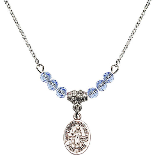 Sterling Silver Saint Bernadine of Sienna Birthstone Necklace with Light Sapphire Beads - 9387