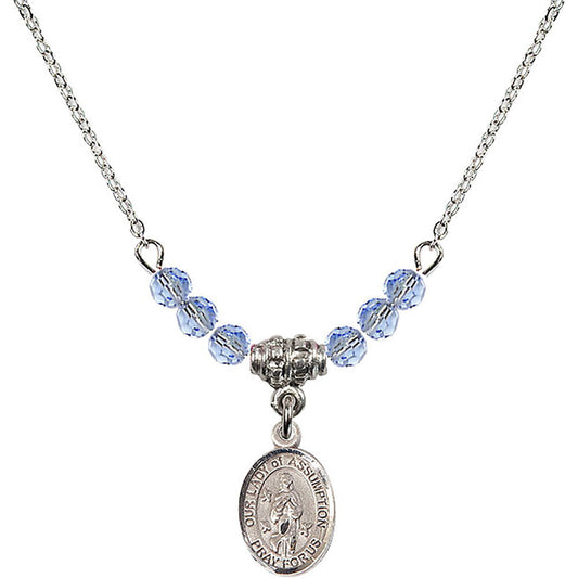 Sterling Silver Our Lady of Assumption Birthstone Necklace with Light Sapphire Beads - 9388