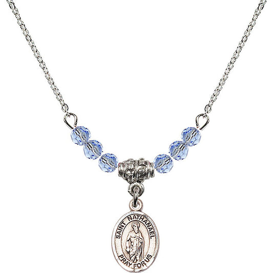 Sterling Silver Saint Nathanael Birthstone Necklace with Light Sapphire Beads - 9398