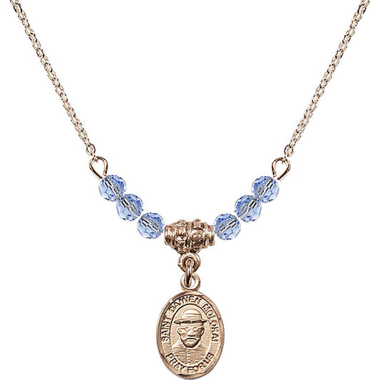 14kt Gold Filled Saint Damien of Molokai Birthstone Necklace with Light Sapphire Beads - 9412