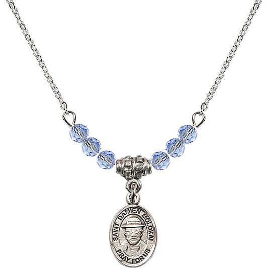 Sterling Silver Saint Damien of Molokai Birthstone Necklace with Light Sapphire Beads - 9412