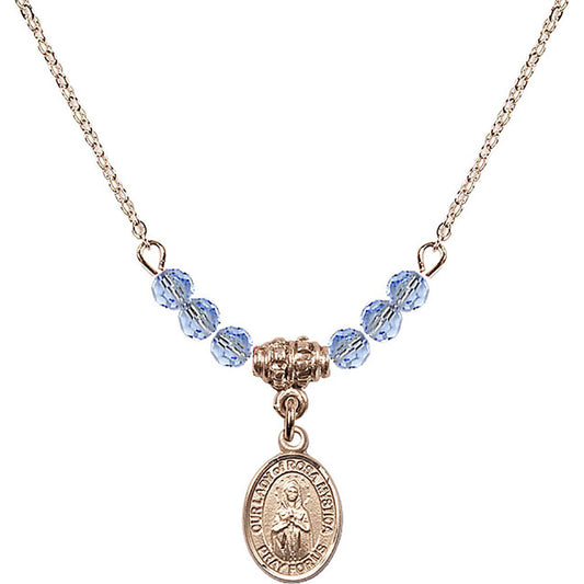 14kt Gold Filled Our Lady of Rosa Mystica Birthstone Necklace with Light Sapphire Beads - 9413
