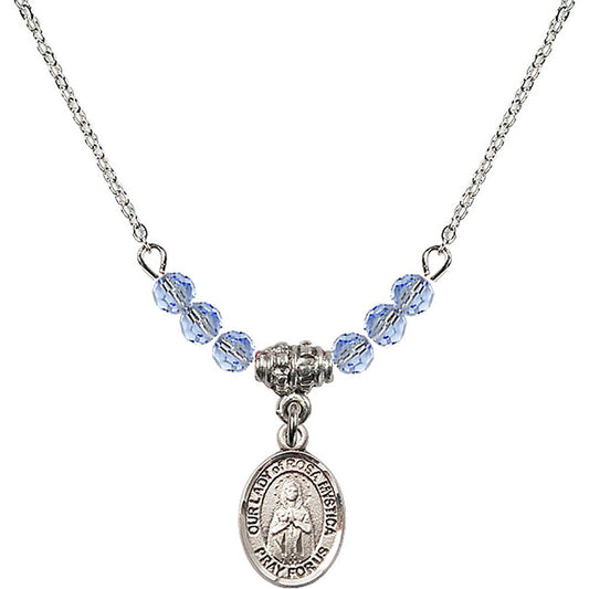 Sterling Silver Our Lady of Rosa Mystica Birthstone Necklace with Light Sapphire Beads - 9413