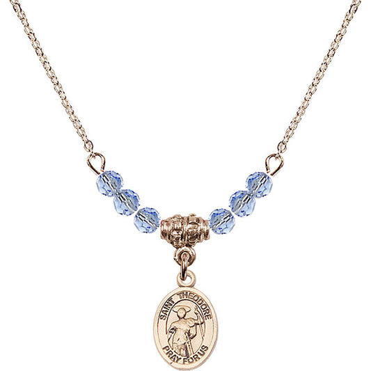 14kt Gold Filled Saint Theodore Stratelates Birthstone Necklace with Light Sapphire Beads - 9415
