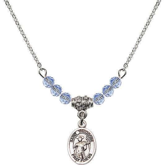 Sterling Silver Saint Theodore Stratelates Birthstone Necklace with Light Sapphire Beads - 9415