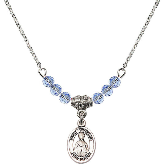 Sterling Silver Saint Winifred of Wales Birthstone Necklace with Light Sapphire Beads - 9419