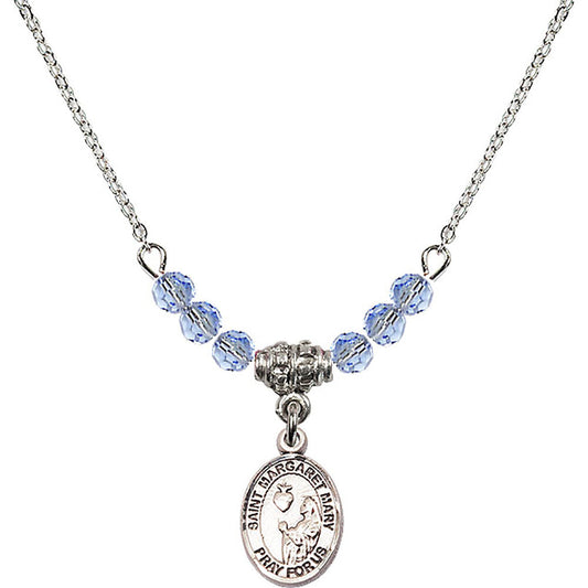 Sterling Silver Saint Margaret Mary Alacoque Birthstone Necklace with Light Sapphire Beads - 9420