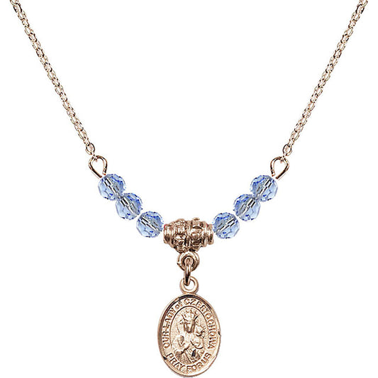 14kt Gold Filled Our Lady of Czestochowa Birthstone Necklace with Light Sapphire Beads - 9421