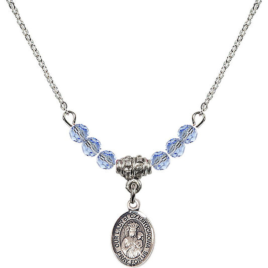 Sterling Silver Our Lady of Czestochowa Birthstone Necklace with Light Sapphire Beads - 9421