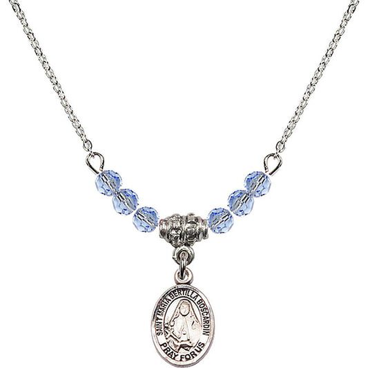 Sterling Silver Saint Maria Bertilla Boscardin Birthstone Necklace with Light Sapphire Beads - 9428