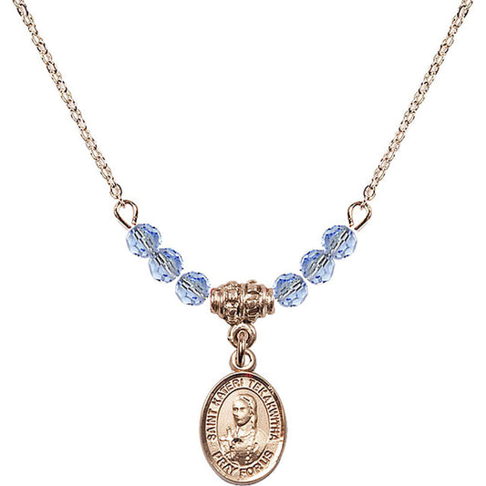 14kt Gold Filled Saint Kateri Tekakwitha Birthstone Necklace with Light Sapphire Beads - 9438