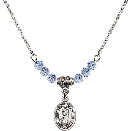 Sterling Silver Saint Kateri Tekakwitha Birthstone Necklace with Light Sapphire Beads - 9438