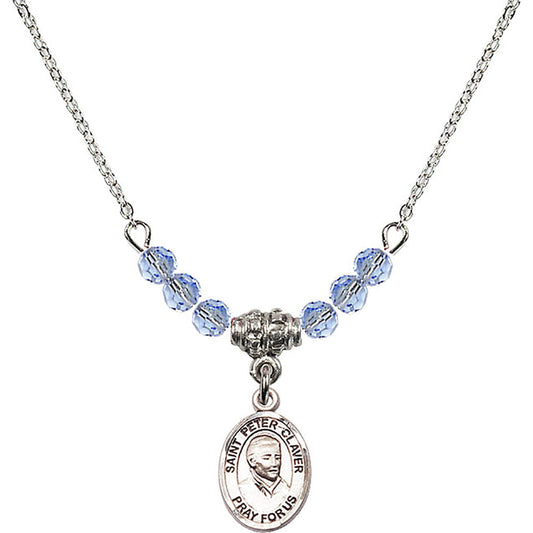 Sterling Silver Saint Peter Claver Birthstone Necklace with Light Sapphire Beads - 9442