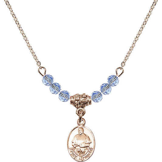 14kt Gold Filled Pope Francis Birthstone Necklace with Light Sapphire Beads - 9451