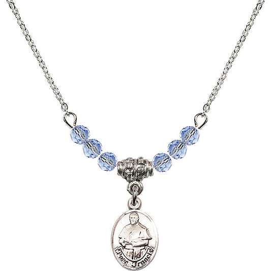 Sterling Silver Pope Francis Birthstone Necklace with Light Sapphire Beads - 9451