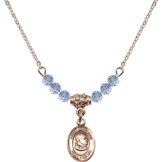 14kt Gold Filled Saint John XXIII Birthstone Necklace with Light Sapphire Beads - 9455
