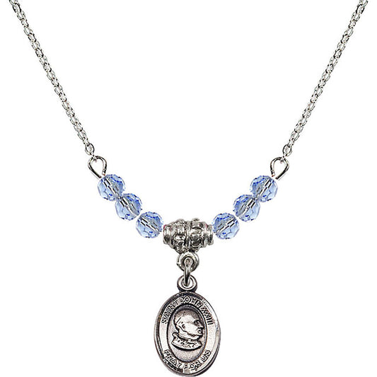 Sterling Silver Saint John XXIII Birthstone Necklace with Light Sapphire Beads - 9455