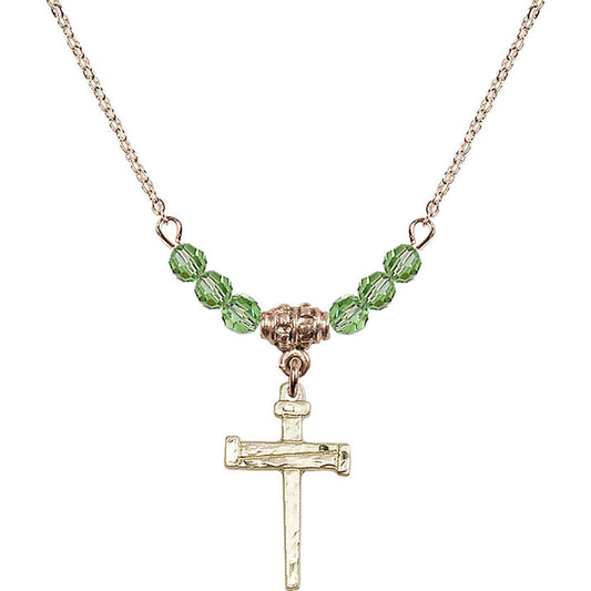14kt Gold Filled Nail Cross Birthstone Necklace with Peridot Beads - 0012