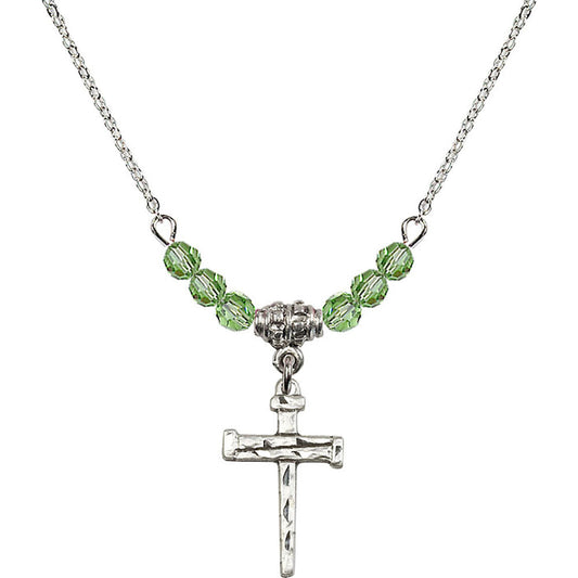 Sterling Silver Nail Cross Birthstone Necklace with Peridot Beads - 0012