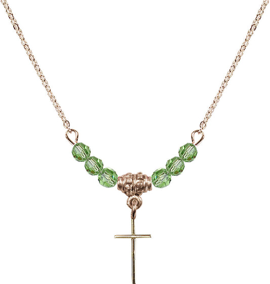 14kt Gold Filled Cross Birthstone Necklace with Peridot Beads - 0014