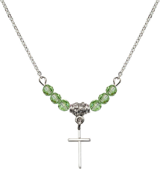 Sterling Silver Cross Birthstone Necklace with Peridot Beads - 0014