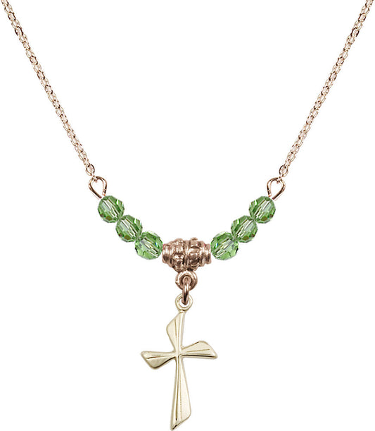 14kt Gold Filled Cross Birthstone Necklace with Peridot Beads - 0016