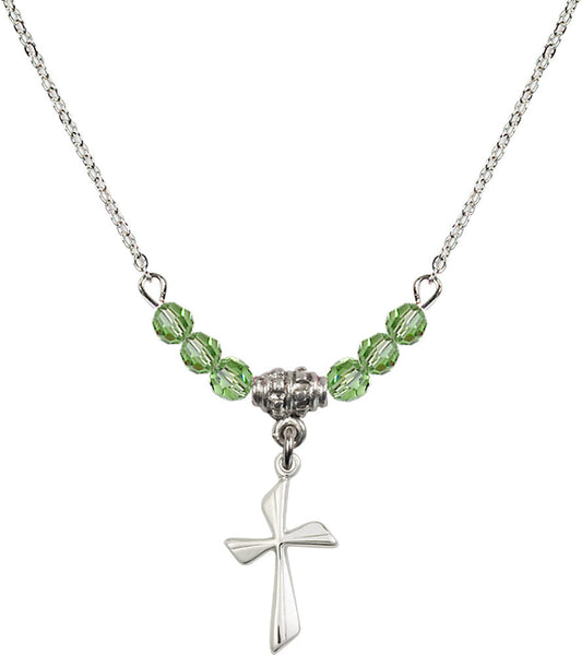 Sterling Silver Cross Birthstone Necklace with Peridot Beads - 0016