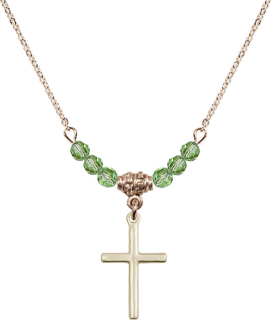 14kt Gold Filled Cross Birthstone Necklace with Peridot Beads - 0017