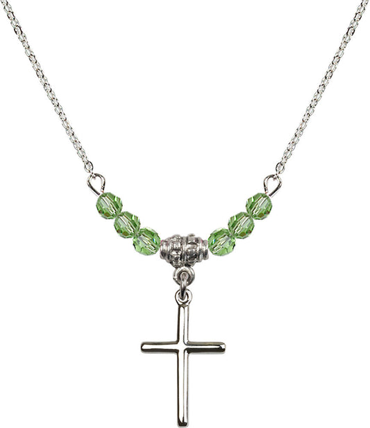 Sterling Silver Cross Birthstone Necklace with Peridot Beads - 0017
