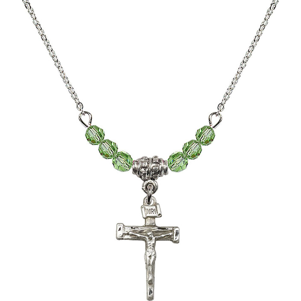 Sterling Silver Nail Crucifix Birthstone Necklace with Peridot Beads - 0072