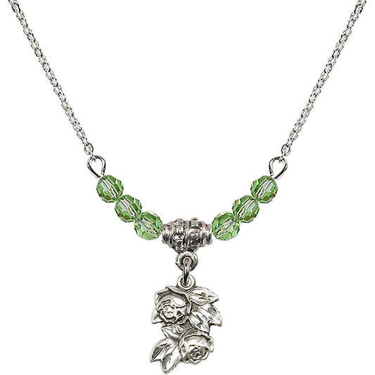 Sterling Silver Rose Birthstone Necklace with Peridot Beads - 0204