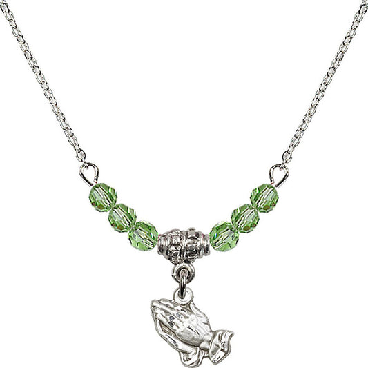 Sterling Silver Praying Hands Birthstone Necklace with Peridot Beads - 0220