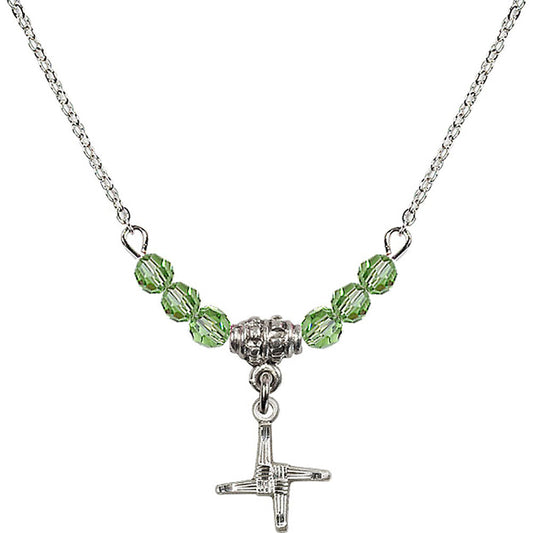 Sterling Silver Saint Brigid Cross Birthstone Necklace with Peridot Beads - 0291