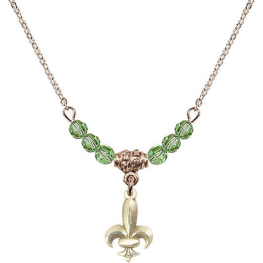 14kt Gold Filled Fleur de Lis Birthstone Necklace with Peridot Beads - 0293
