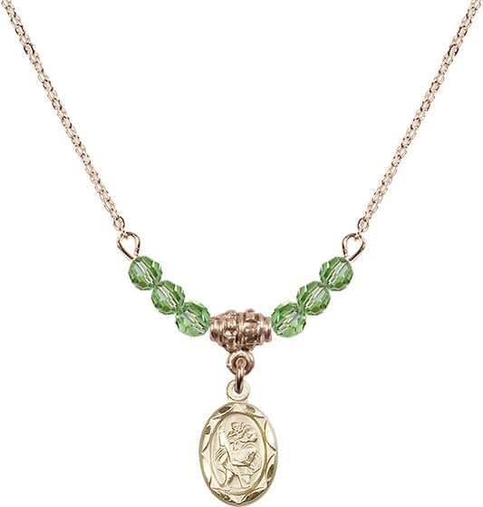 14kt Gold Filled Saint Christopher Birthstone Necklace with Peridot Beads - 0301