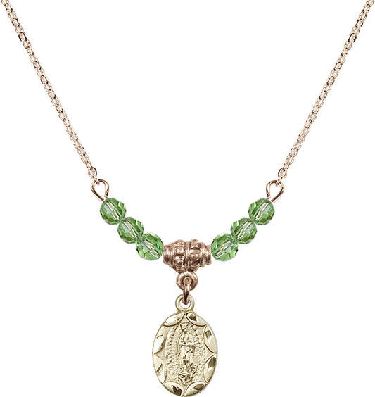 14kt Gold Filled Our Lady of Guadalupe Birthstone Necklace with Peridot Beads - 0301