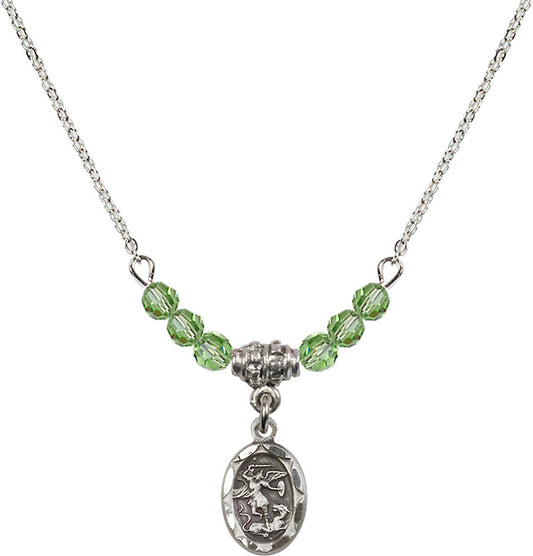 Sterling Silver Saint Michael the Archangel Birthstone Necklace with Peridot Beads - 0301