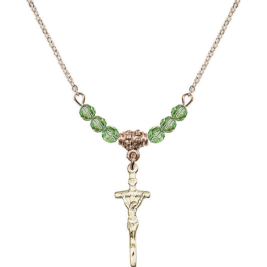 14kt Gold Filled Papal Crucifix Birthstone Necklace with Peridot Beads - 0563