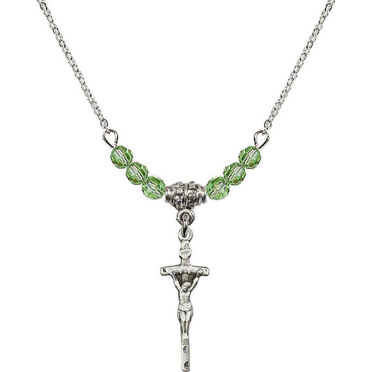 Sterling Silver Papal Crucifix Birthstone Necklace with Peridot Beads - 0563