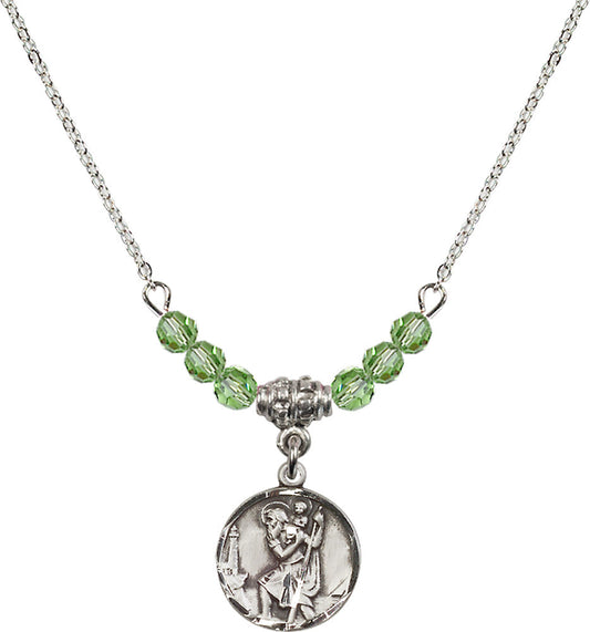 Sterling Silver Saint Christopher Birthstone Necklace with Peridot Beads - 0601
