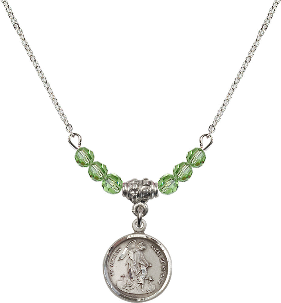 Sterling Silver Guardian Angel Birthstone Necklace with Peridot Beads - 0601