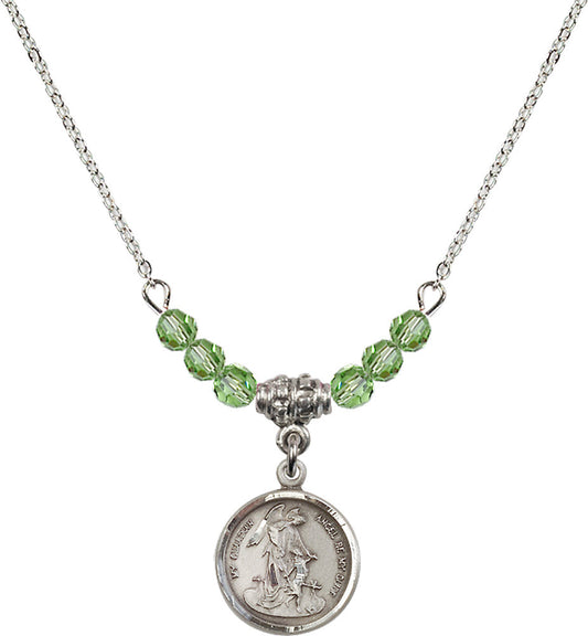 Sterling Silver Guardian Angel Birthstone Necklace with Peridot Beads - 0601