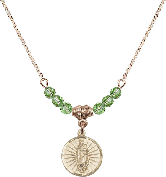 14kt Gold Filled Our Lady of Guadalupe Birthstone Necklace with Peridot Beads - 0601