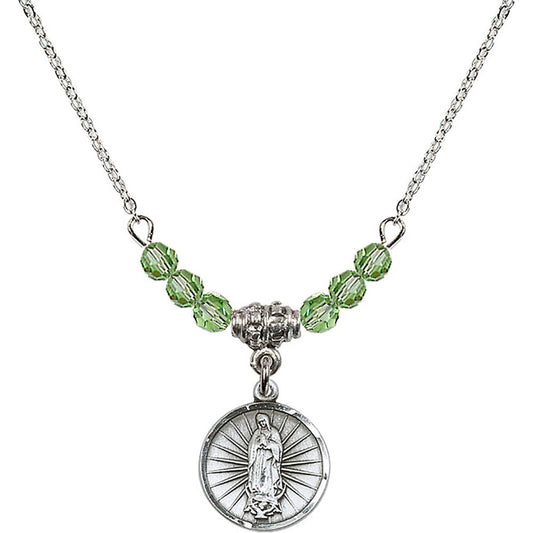 Sterling Silver Our Lady of Guadalupe Birthstone Necklace with Peridot Beads - 0601