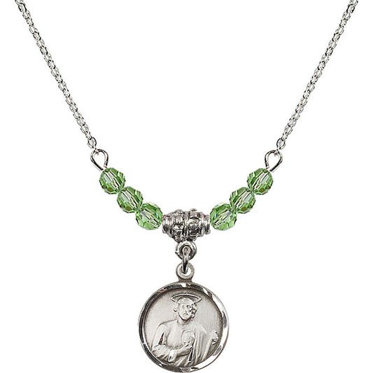 Sterling Silver Saint Jude Birthstone Necklace with Peridot Beads - 0601