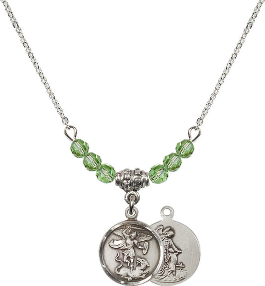 Sterling Silver Saint Michael the Archangel Birthstone Necklace with Peridot Beads - 0601