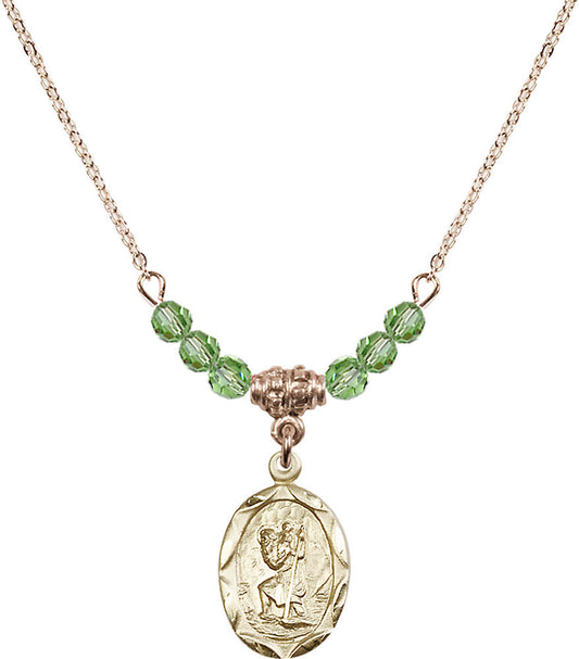 14kt Gold Filled Saint Christopher Birthstone Necklace with Peridot Beads - 0612