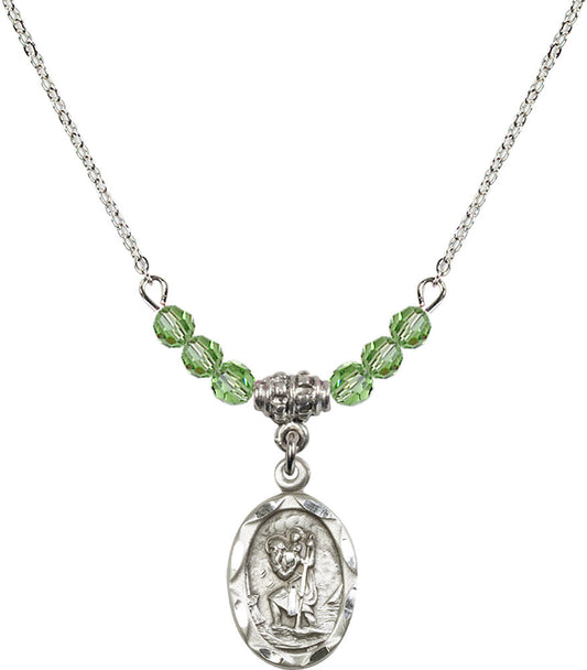Sterling Silver Saint Christopher Birthstone Necklace with Peridot Beads - 0612